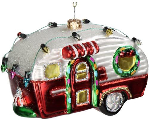 Christbaumschmuck Glas 11,2cm - Wohnwagen Figur zum Aufhängen - handbemalt & mit Glitzer - Weihnachtsbaum Anhänger für Weihnachten - Christbaumanhänger & Weihnachtsbaumschmuck - Caravan Rot Weiß