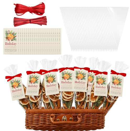 AmazingSpark 100 Set Christmas Simmering Potpourri Gift Bags Xmas Potpourri Cellophane Bags Sets Holiday DIY Crafting Stovetop Simmer Instruction Present Kit for Home Party Supplies(Tags)