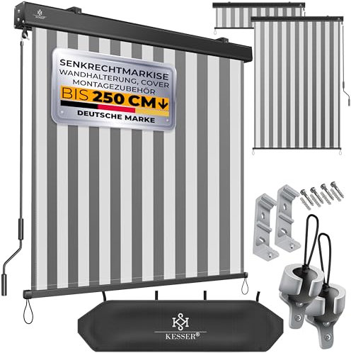 KESSER® Tenda a rullo verticale, 180 x 250 cm, con meccanismo a manovella, per balcone, protezione solare e privacy, protezione solare con manovella, per balcone e terrazza, con kit di montaggio e