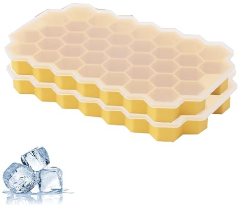 2Pcs Ice Cube Tray, Ice Tray with Lid Silicone Ice Cube Moulds with No-Spill, Flexible Ice Cube Molds Small Ice Cube Trays for Freezer Kitchen Chilled Drinks Whiskey Cocktail (37 Hexagonal Yellow)