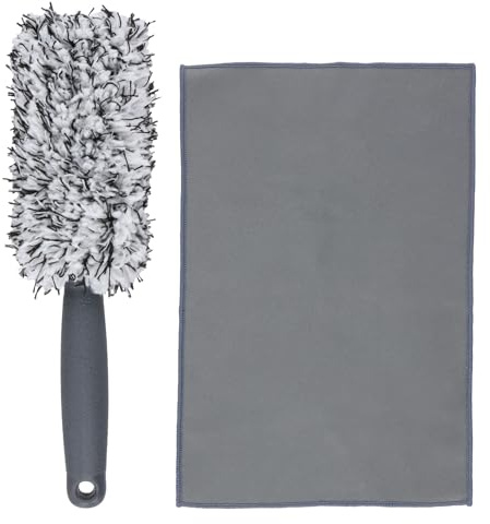 Car Wheel Cleaning Brushes, Alloy Wheel Brush & Microfibre Cloths, No Metal Rim Detailing, Scratch-Free Rim Cleaner Brush for Vehicle, Motorcycle, Fenders Engine, Exhaust Tips, Black