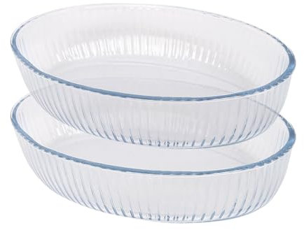 Argon Tableware Optical Oval Glass Oven Dishes - 26cm x 17cm - 2x Small Deep Baking Casserole Lasagne Roasting Roaster Cooking Tray Bowl | Microwave Safe, Freezer Safe