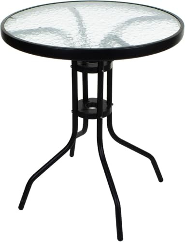 NMK HOME Gartentisch Rund 60 cm Schwarz Sicherheitsglas Balkon Outdoor | Pulverbeschichteter Stahl, UV-beständig, rutschfest, wetterfest, stylisch, pflegeleicht