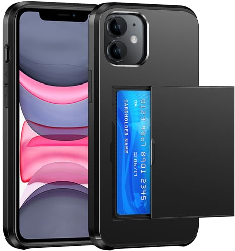 SZSSZSM Plånbok för iPhone 11 Fodral med Korthållare Dubbla Lager Militärkvalitet Skyddande Stötsäkert Dold Kortplats Smal Passform Telefonskydd – Svart