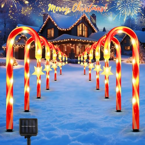 Lewondr 15 Weihnachten Solarleuchten für Außen, Zuckerstange Wegeleuchten mit 2 Modi, 108 LED Perlen, Wasserdicht Outdoor Weihnachtsdeko mit Stern Lichterdeko, Solarlampen für Außen Garten, 12 Stück