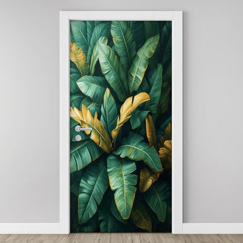 Sticker Mural Porte 3D Feuille de Bananier 83x204cm Plante Tropicale Autocollants Porte Trompe L'oeil Effect Auto-adhésif Vinyle Vert Dorés Feuille Stickers Muraux Maison Déco Art K4g57