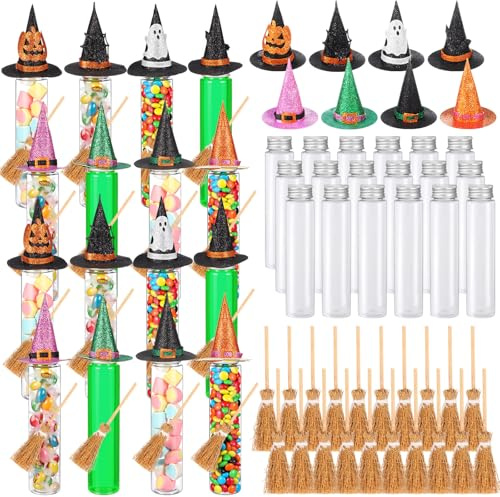 Honeydak 16 Set Halloween Candy Tubes Trick or Treat 4 oz Clear Plastic Test Tubes with Screw Caps Witch Hats and Brooms Gumball Containers Candy Holder for Halloween Party Favors DIY Gift Prizes