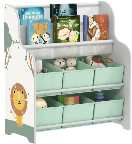 AIYAPLAY Scaffale Portagiochi 3+ Anni con 6 Cassetti 63x30x71 cm Verde | in Tessuto, Libreria a 2 Livelli, Mobile Contenitore, in MDF e Acciaio
