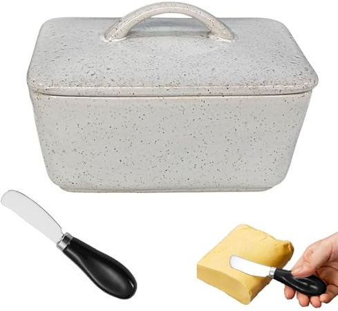 PEEXTBB Butterdose Keramik, 14,5 x 10 x 9,5 cm Butterdosen Porzellan mit Butterschaber, Süßigkeiten Aufbewahrung mit Griffdeckel, für die Lagerung im Restaurant, Grau