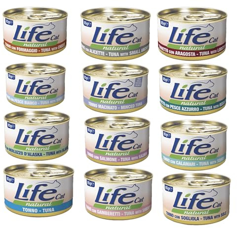 Life Cat Natural Cibo Umido per Gatti Gusti Misti al pesce,24 Lattine da 85 g