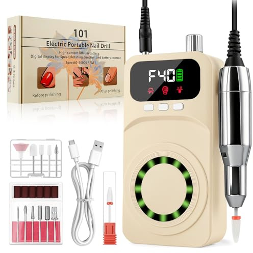 Vicloon Professional Electric Nagelborr, 40000 RPM Bärbar Sladdlös Nagelfil med LCD-Display, 12-i-1 Nagelborrset för Akryl- och Gelnaglar för Salong- och Hemanvändning
