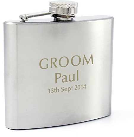 Custom Personalised Stainless Steel 6oz Groom Wedding Hip Flask. Laser Engraved. Includes Funnel and Presentation Box.