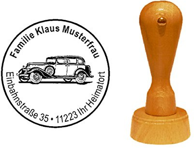Stämpel personlig adressstämpel bil oldtimer 20-talet kultauto rund trästämpel med personlig adress Ø 40 mm