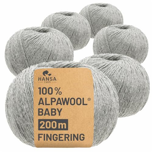 HANSA-FARM | 100% Baby Alpakawolle in 50+ Farben (kratzfrei) - 300g Set (6 x 50g) - weiche Alpaka Wolle zum Stricken & Häkeln in 6 Garnstärken by Hansa-Farm - Hellgrau (Grau)