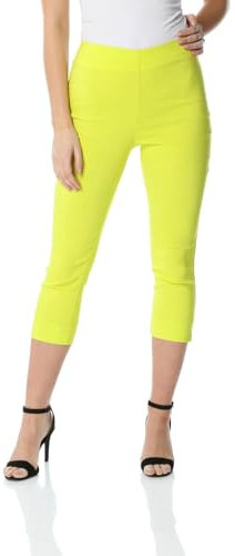 Roman Originals Cropped Trousers for Women UK Ladies Capri Leggings Summer Pants Short Crop Stretch 3/4 Length Three Quarter Pedal Pusher Clothes Elasticated Bengaline Cut Off - Lime - Size 16