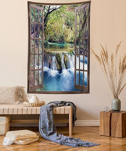 ABAKUHAUS Wasserfall Wandteppich, Tief unten im Wald aus Weiches Mikrofaser Stoff Waschbar ohne Verblassen Digitaldruck, 110 x 150 cm, Mehrfarbig Braun