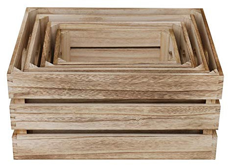 Vintage Wooden Crate Set of 4 | Slatted Fruit Boxes with Handles | Ideal for Craft Supplies, Gift Hamper, Shop Display & Kitchen Storage | Stackable & Nesting Design | Natural Wood Grain Finish New