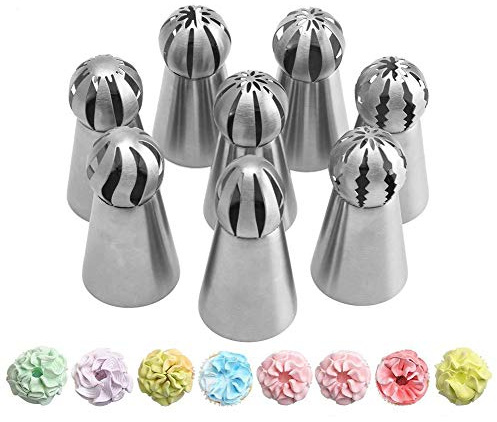 New Version 7pcs Set Stainless Steel Sphere Ball Tips Russian Icing Piping Nozzles Tips Pastry Cake Fondant Cupcake Buttercream DIY Baking Tools (8pcs Set)