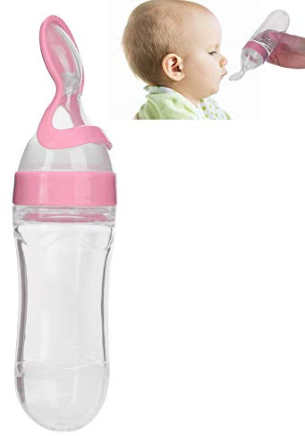 Alimentador de alimentos para bebés de 90 ml, biberón de silicona para bebés y niños pequeños con cuchara Alimentador de frutas para bebés Alimentos frescos Chupete para bebés(Rosado)