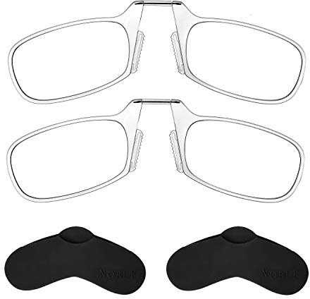 Noble Ultra Slim and Flat Reading Glasses Thin and Flexible Armless (2 Pairs) Enhanced Comfort Nose Rest, Armless Pocket Size Readers with 2 Stick-on Silicone Case Holder (Clear, +2.00)