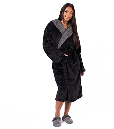 OHS Mens Dressing Gowns, Gifts for Women Men Super Soft Warm Flannel Fleece Hooded Bathrobe with Pockets Fluffy Sherpa Lined Luxury Oversized Dressing Gown Womens, Black One Size