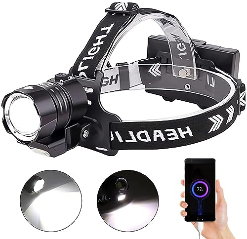 XLENTGEN Linterna Frontal LED Recargable 20000 Lúmenes Linterna Cabeza XHP90 + COB de Alta Potencia con Enfoque Ajustable, 4 Modos Luz Frontal Cabeza Impermeable para Camping, Pesca, Emergencia