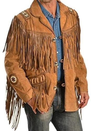 BuyBuy Sports Chaqueta vaquera tradicional occidental con flecos y cuentas, marrón, XL