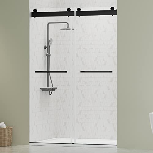 DELAVIN 44-48W x 75H Frameless Shower Door, Double Sliding Shower Door, 5/16(8mm) Clear Tempered Glass, Noiseless Shatterproof Shower Doors with Square Rail, Stainless Steel, Aluminum, Matte Black