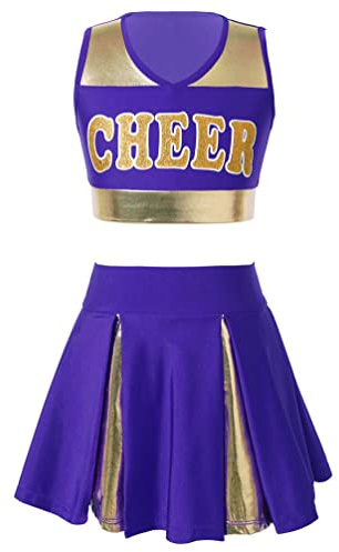 winying Kids Girls Youth One Piece Cheerleading Cosplay Uniform Oufits V Neckline Dance Dress Cheer Leader Costume Purple B 14 Years
