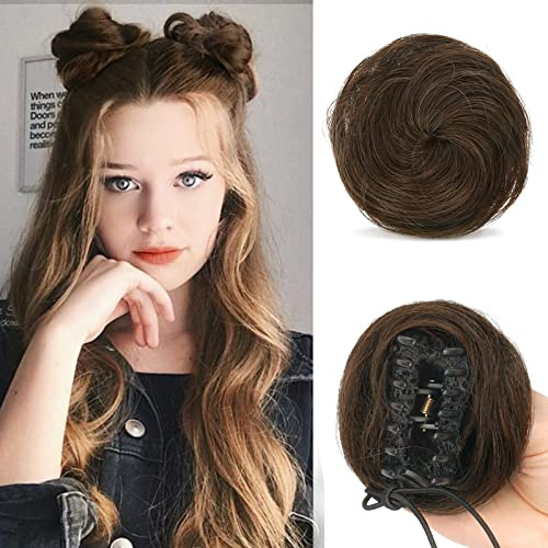 Sofeiyan Dutt Haarteil,Space Buns Haarteil,2PCS Haarteil mit Klammer | Clip in Haar Bun Mini Messy Bun Haarteile Dutt Synthetik Haar Donut Chignon für Damen,Dunkelbraun/Hellkastanienbraun Mix