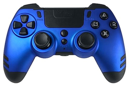 Steelplay Slimpack - Manette sans Fil 2,4 GHz, Compatible PS4/PS3/PC, Double Retour de Vibration, 4 palettes arrière programmables, Ergonomique et Confortable - Bleu
