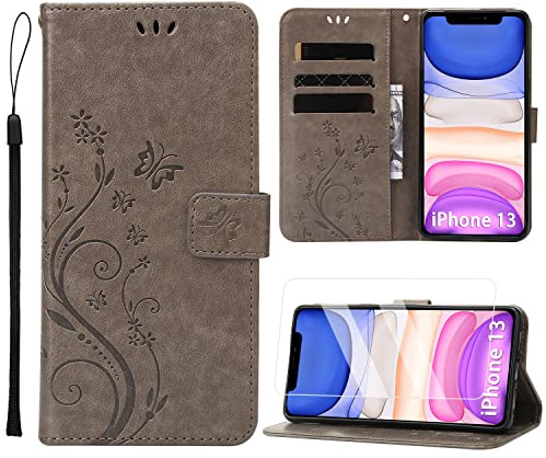 Anshow for iPhone 13 Case Wallet with Wrist Strap, with Screen Protector, Flip Leather Case with Cards Holder Phone Case with Kickstand Cover for iPhone 13, Gray