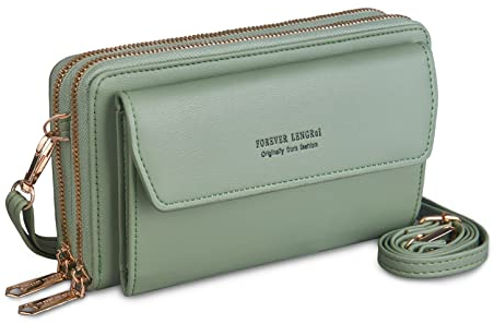 Kememo Handytasche zum Umhängen Damen Handy Umhängetasche Geldbörse Veganes Leder Handy Portemonnaie mit 12 Kartenfächer Handy Schultertasche Reißverschluss Crossbody Kleine Handy Tasche, Grün