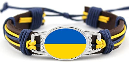 LODMLOER Ukraine-Flaggen-Lederarmband, Vintage-Handgemachtes Wachsfaden-Geflochtenes Armband Ukrainische Flaggen-Oval-Edelstein-Armband-Geschenk Für Männer Und Frauen,1,18-25Cm