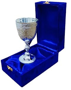 Cáliz de latón con caja de terciopelo azul, acabado cromado, diseño grabado, copa de vino, copa de vino vintage (acabado cromado)