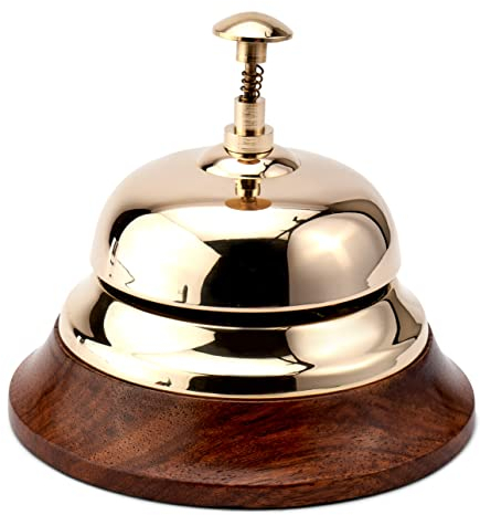 NKlaus 12cm Tresenglocke rund Messing Gold massiv mit Holzsockel Maritime Serviceglocke 11586