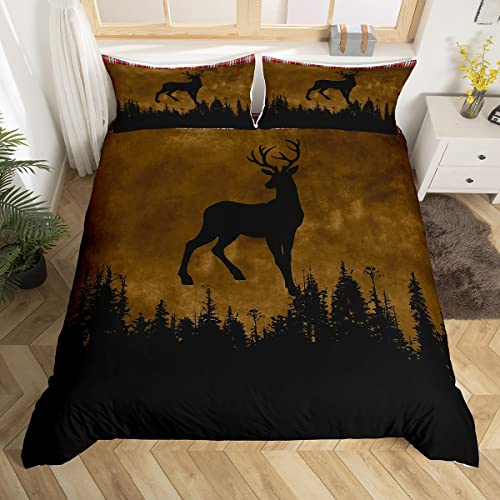 Homewish Rustikales Bauernhaus Bett Set Hirsch Jagd Bettbezug, Brown Tie Dye Bettwäsche Set 135x200 Red Buffalo Plaid Tröster Bezug, Woodland Pine Tree Bettbezug Tier Thema Schlafzimmer Dekor