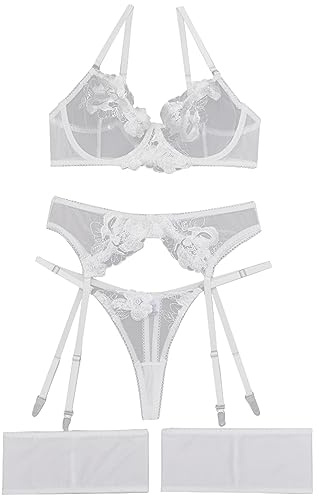 Aranmei Lingerie Set for Women 4 Piece Lingerie Set with Floral Embroidered Lace Sheer Underwire Bra with G-String Thigh Bands with Garter Belt Lingerie Set, White, M
