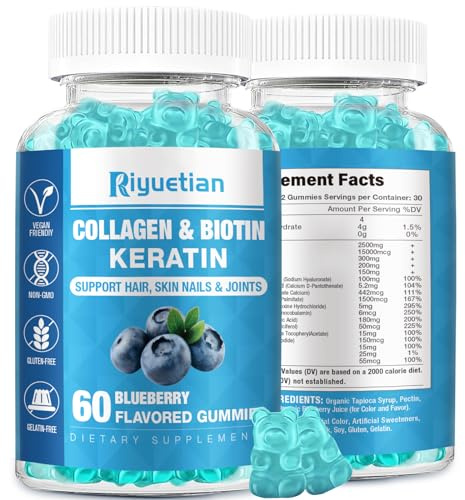 Riyuetian - Biotin Gummies 15000mcg with Collagen for Adults Women & Men - Hair, Skin & Nails Gummies with Biotin - Collagen for Woman - Vegan, Non-GMO, Hair Vitamins - 60 Count, 1 Pack