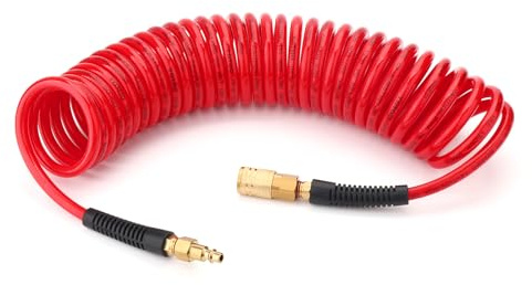 GASHER 1/4 x 25FT Red Reinforced Polyurethane Recoil Air Hose with Bend Restrictor, 1/4 Industrial Quick Coupler and Plug