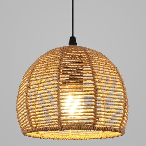 Riserva Hängeleuchte Kronleuchter Vintage, E27 Deckenleuchte aus Rattan, Retro Deckenleuchte Retro für Wohnzimmer Küche Schlafzimmer Café-Bar 20cm