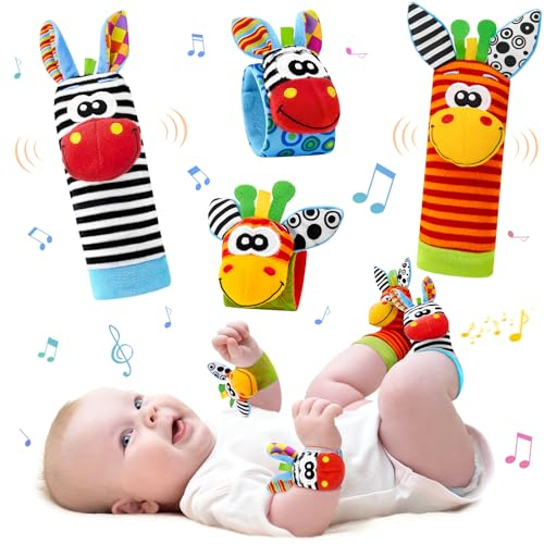4PCS Baby Spielzeug Rasseln Socken und Handgelenk, Plüschtier Spiel Rassel Socken, Weiche Sensorische Spielzeuge für Neugeborene Jungen Mädchen 0-6 Monate 6-12 Monate