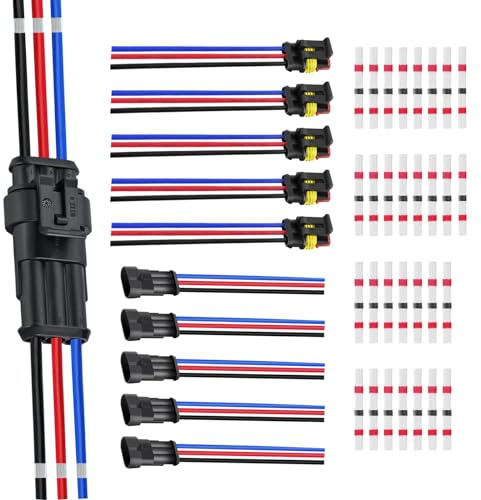HUAZIZ Connettori Elettrici Impermeabili, 6 Set Connettori Elettrici a 3 Pin con 30 Pezzi Saldatura Seal Connettore Filo, Connettore Isolato e Sigillato per Auto, Moto, Camion, Barca