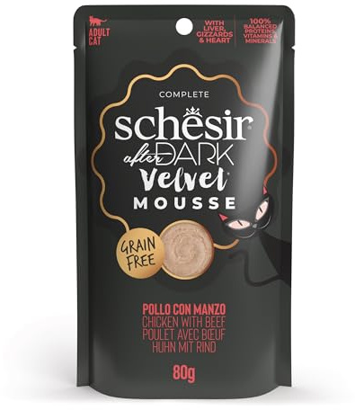 Schesir, Fuktig mat för vuxna katter burkar efter mörk kyckling med nötkött sammet mousse 12 x 80 g