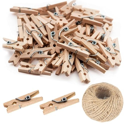 Lot de 100 mini pinces à linge en bois naturel de 25 mm avec ficelle de jute de 25 m (marron)