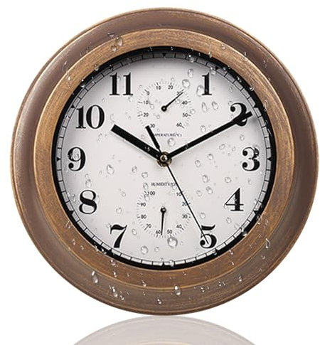 horloge extérieure de 11,2 pouces horloge de jardin avec thermomètre et hygromètre imperméable horloge murale silencieuse vintage ou jardin, cuisine, bronze chambre sans batterie, horloge exté