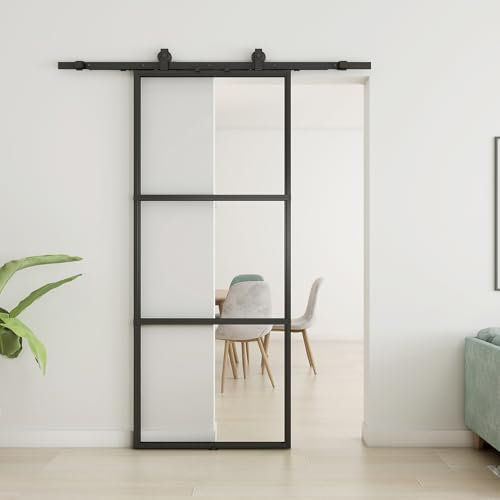 JUBEST 34in x 80in Glass Barn Door, Clear Tempered Glass Carbon Steel Pre Drilled Frame Sliding Barn Door Panel with 5.7FT Hardware Kit and Soft Close, Easy to Install