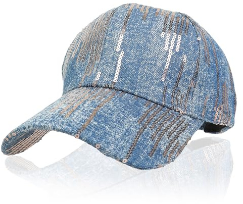 NiceYnn Bestickte Baseballkappe mit Schleifenknoten, Pailletten, Distressed Loch, Denim-Baseballkappe, Schirmmütze, Snapback-Hut, Sonnenhut, UV-Schutz, verstellbar, Outdoor-Sport, lässig, Hip-Top,