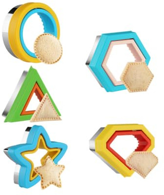 5 Packs Sandwich Cutter and Sealer Set, Stainless Steel Sandwich Cookie Vegetable Cutters with Plastic Hand Protector, Circle Triangle Diamond Star Hexagon DIY Cookie Cutters