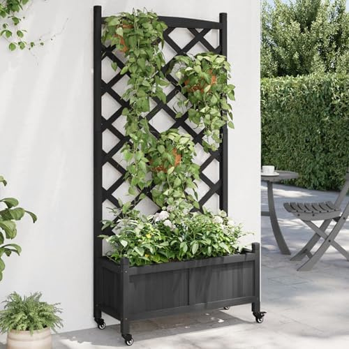 Homgoday Jardinera con celosía y ruedas negras de madera maciza de abeto, jardinera rejilla para jardín, jardinera de exterior, jardinera balcón XX